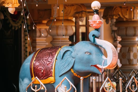 Mapusa, Goa, India. Elephant Statue Near The Shree Ganesh Mandir, Ganeshpuri Temple. Famous Landmark And Popular Destination.
