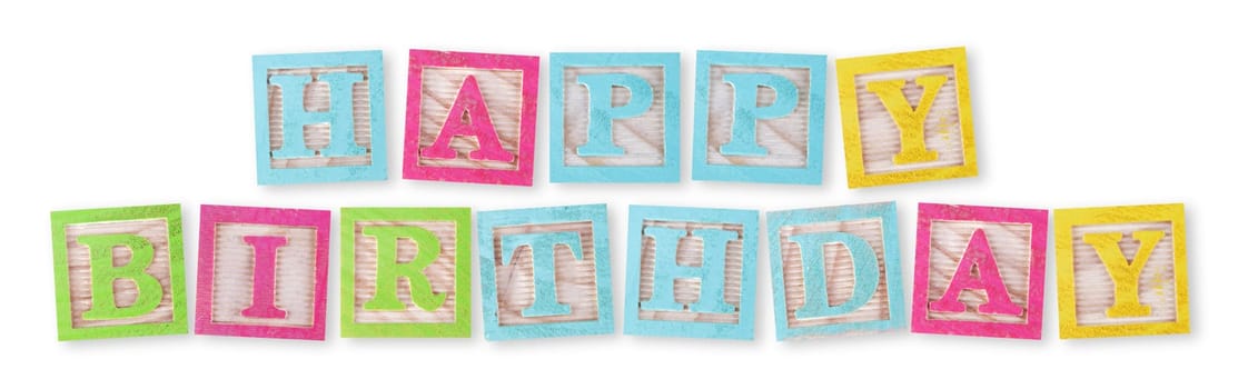 A Happy birthday concept with childs wood blocks on white with clipping path to remove shadow