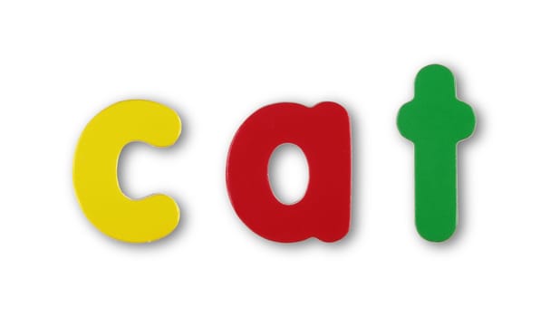 Cat coloured magnetic letters on white with clipping path to remove shadow