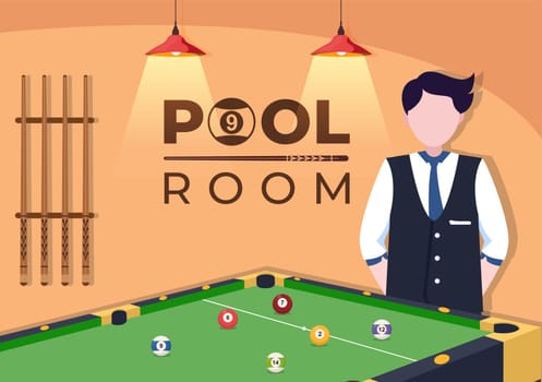 Billiards Game Hand Drawn Cartoon Flat Illustration with Player Pool Room with Stick, Cue Aiming at Billiard Balls in Sports Club