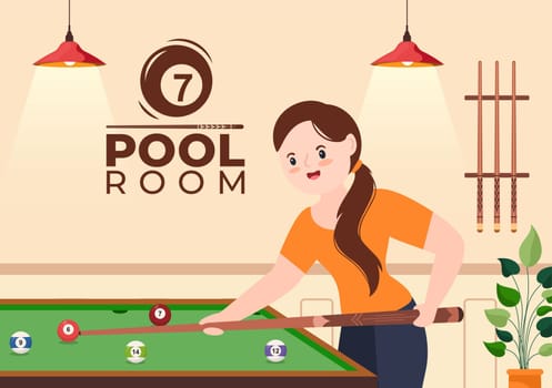 Billiards Game Hand Drawn Cartoon Flat Illustration with Player Pool Room with Stick, Cue Aiming at Billiard Balls in Sports Club