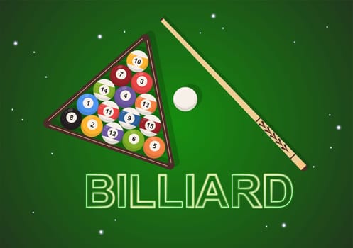 Billiards Game Hand Drawn Cartoon Flat Background Illustration with Pool Room with Stick and Billiard Balls in Sports Club