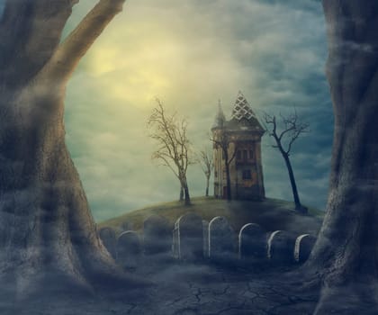 Halloween ghost house on the graveyard at night.