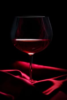 Glass of red wine on red silk against black background. Wine list design background.