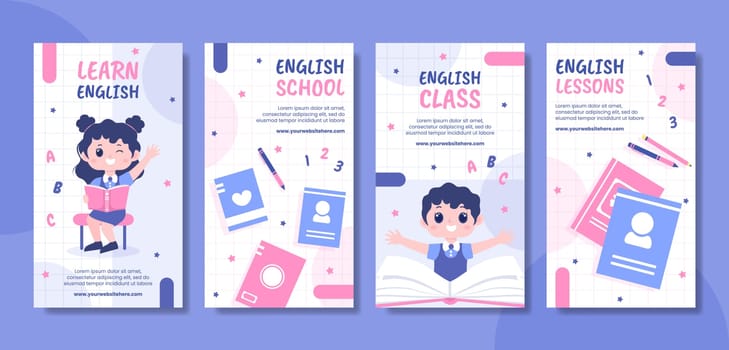 English Class Social Media Stories Template Hand Drawn Cartoon Flat Illustration