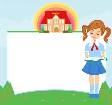 beautiful schoolgirl reads a book - frame with space for text