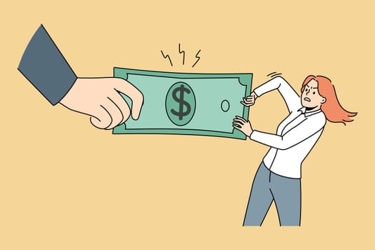 Huge hand taking banknote from desperate woman. Hand of state or bank get money from people. Tax and earning concept. Vector illustration.