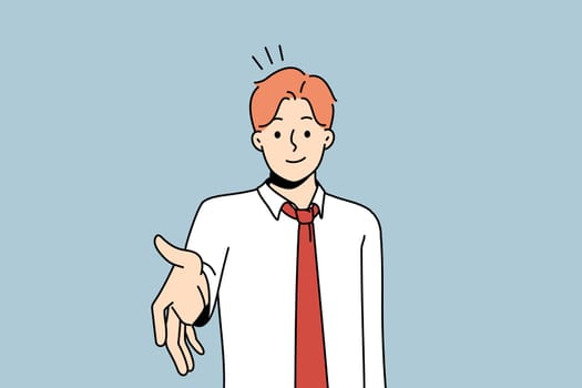 Smiling young businessman stretch hand for handshake with business client or partner. Male employee handshake customer. Greeting or acquaintance. Vector illustration.