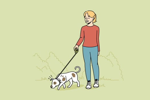 Girl walking dog on leash outdoors. Happy child with pet enjoying walk in park. Domestic animal and friendship. Vector illustration.