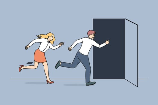 People running to open door being late in office. Businesspeople or employee hurry leaving workplace on Friday. Vector illustration.