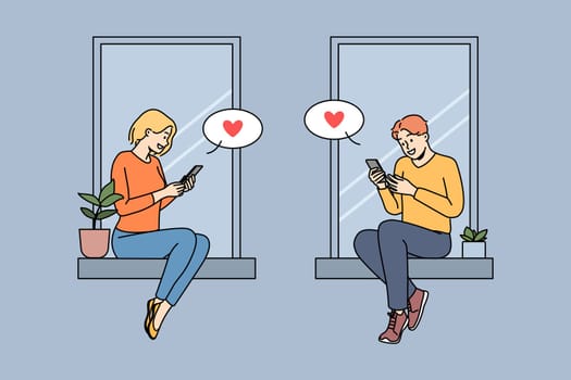 Couple sitting on windowsills texting online on cellphones. Man and woman in love message on internet on smartphones. Web dating. Vector illustration.
