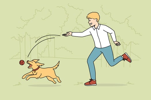 Happy boy playing with pet in park. Smiling kid have fun with ball and pet outdoors. Domestic animals concept. Vector illustration.