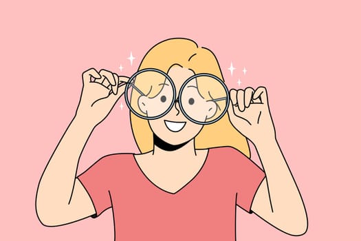Smiling girl in big glasses for sight correction. Happy child wear spectacles for better eyesight. Optics concept. Vector illustration.