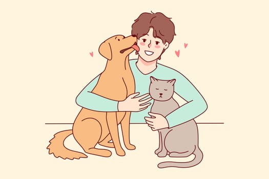 Happy man with cat and dog showing love and care. Smiling guy with pets enjoy domestic animals company. Vector illustration.