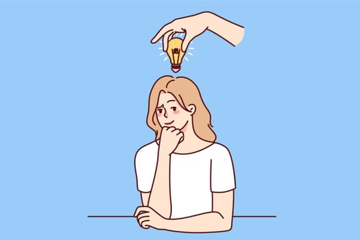 Frustrated woman with lightbulb above head thinking making solution. Consumed pensive businesswoman generate creative innovative idea. Vector illustration.