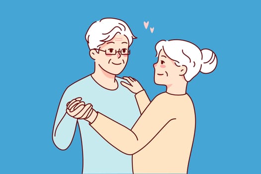 Happy elderly couple dancing together. Smiling mature man and woman enjoy romance and joyful calm retirement. Love and relationships. Vector illustration.