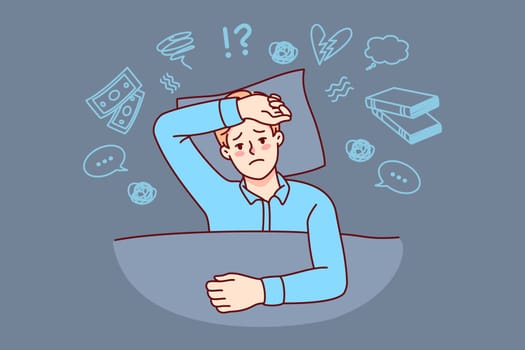 Unhappy man lying in bed suffer from insomnia overthinking. Stressed guy have sleepless night thinking too much. Vector illustration.