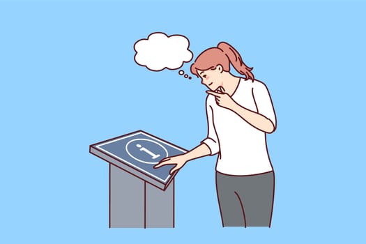 Woman looking at information board thinking. Girl consult info table in administration building. Client service concept. Vector illustration.
