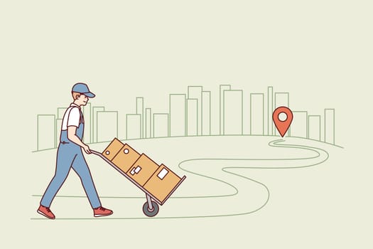 Deliveryman with packages walking to recipient. Courier or postman delivering orders to client or customer. Good delivery service. Vector illustration.