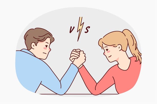 Man and woman arm wrestling decide leadership and dominance. Male and female cartoon characters demonstrate strength and power. Vector illustration.