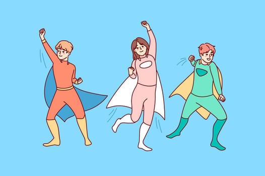 Happy children in superheroes costumer playing together outside. Smiling kids in hero suits enjoy masquerade or carnival. Childhood. Vector illustration.