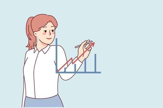 Businesswoman drawing graph with arrow going up. Smiling female employee with chart showing rise in commerce and finance. Business success. Vector illustration.