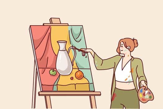 Woman artist drawing picture on easel. Girl painting on canvas. Art and hobby concept. Vector illustration.