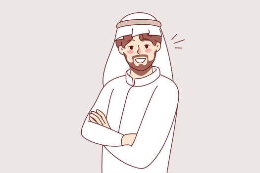 Portrait of Arabic man in traditional clothing. Smiling arab male in thobe follow muslim culture and traditional. Vector illustration.