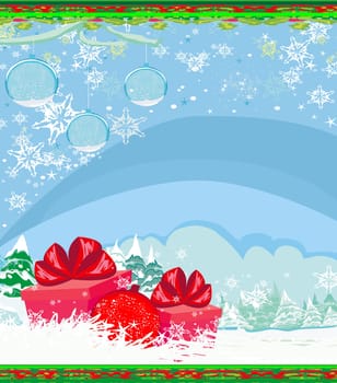 Abstract Christmas card with a surprise gift and winter landscape