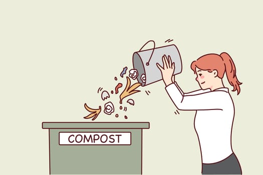 Woman throwing waste in compost container. Caring young female recycle organic trash sort garbage. Ecology conservation. Vector illustration.