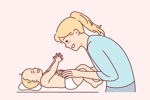 Smiling young mother playing with newborn baby. Happy mom have fun caress infant on table. Motherhood and parenthood. Vector illustration.