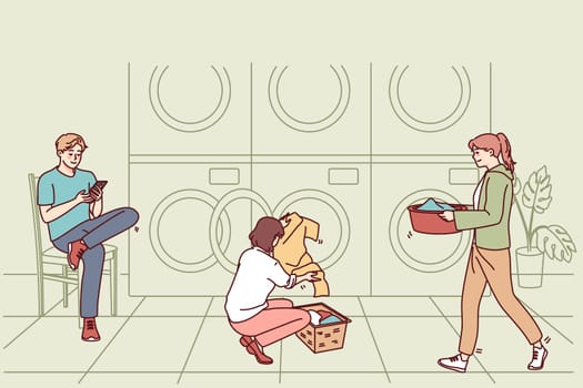 People washing clothes in public laundry. Men and women clean clothing in laundromat. Vector illustration.