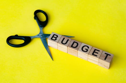 Scissor cutting wooden blocks with text BUDGET. Cutting budget concept