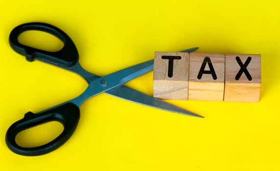 Scissor cutting wooden blocks with text TAX. Cutting tax expenses concept