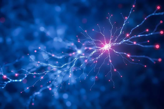 Illuminated neuron firing, diagonally composed, with pink synapses and blurred blue bokeh background. Sharp focus on central cell body. Generated with AI.