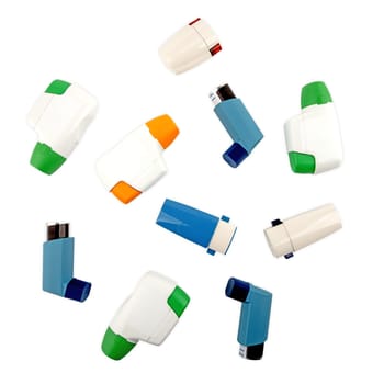 Collage of different Metered Dose Inhaler isolated over white background