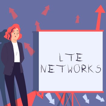 Sign displaying Lte Networks, Word for Fastest network connection available for wireless communication Buisnesswoman Presenting Important Messages On Presentation Board.