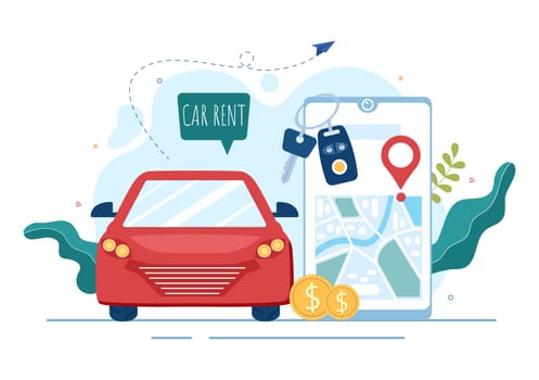 Car Rental, Booking Reservation and Sharing using Service Mobile Application with Route or Points Location in Hand Drawn Cartoon Flat Illustration