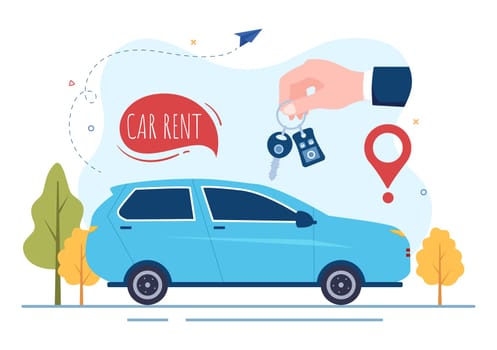 Car Rental, Booking Reservation and Sharing using Service Mobile Application with Route or Points Location in Hand Drawn Cartoon Flat Illustration