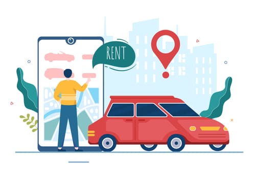 Car Rental, Booking Reservation and Sharing using Service Mobile Application with Route or Points Location in Hand Drawn Cartoon Flat Illustration