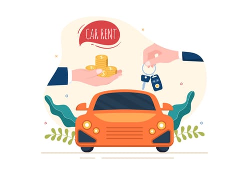 Car Rental, Booking Reservation and Sharing using Service Mobile Application with Route or Points Location in Hand Drawn Cartoon Flat Illustration