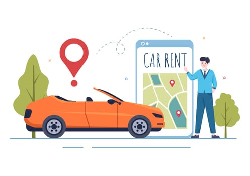 Car Rental, Booking Reservation and Sharing using Service Mobile Application with Route or Points Location in Hand Drawn Cartoon Flat Illustration
