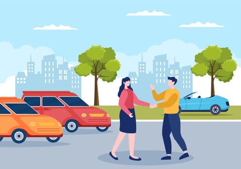 Car Rental, Booking Reservation and Sharing using Service Mobile Application with Route or Points Location in Hand Drawn Cartoon Flat Illustration