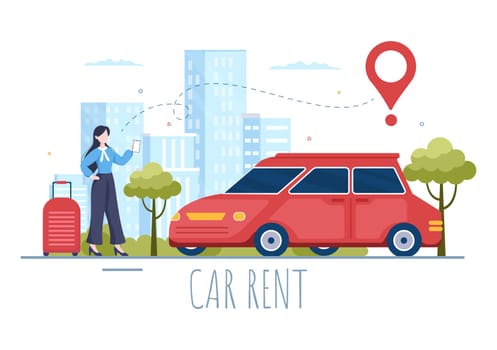 Car Rental, Booking Reservation and Sharing using Service Mobile Application with Route or Points Location in Hand Drawn Cartoon Flat Illustration