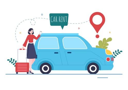 Car Rental, Booking Reservation and Sharing using Service Mobile Application with Route or Points Location in Hand Drawn Cartoon Flat Illustration