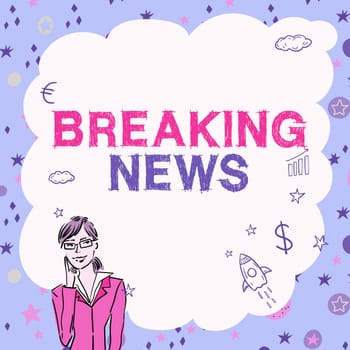 Text caption presenting Breaking News, Internet Concept Special Report Announcement Happening Current Issue Flashnews Illustration Of Lady Thinking Deeply Alone For New Amazing Tactical Ideas.