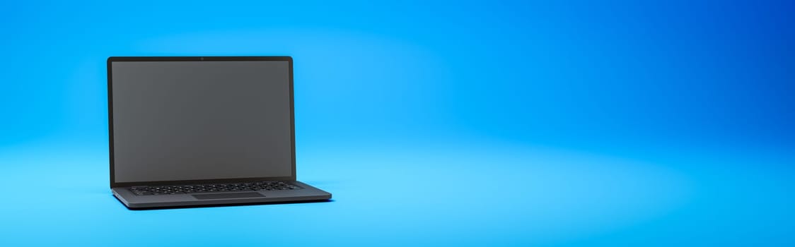 Black Laptop Computer with Blank Screen on Blue Background with Copy Space 3D Render Illustration