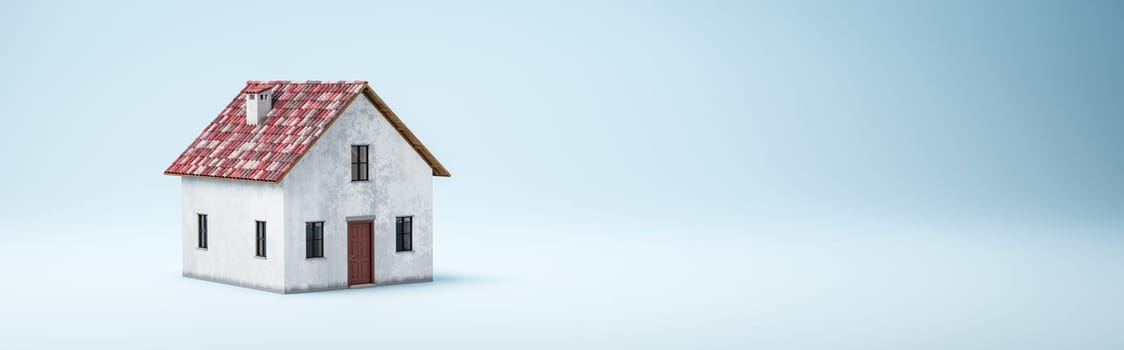 White House with Red Roof on Blue Background with Copy Space 3D Render Illustration