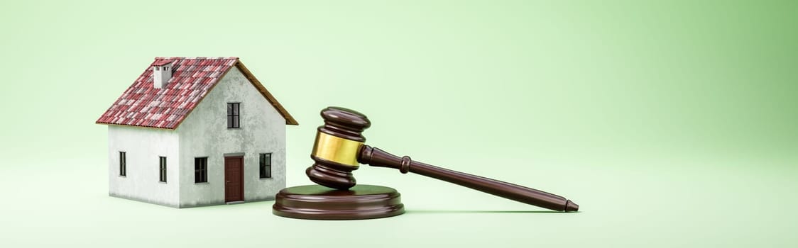 Judge's Gavel and House on Green Background with Copy Space 3D Render Illustration