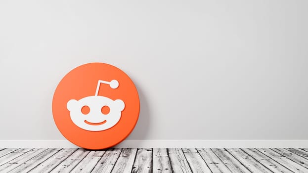 Reddit Logo 3D Symbol Shape on Wooden Floor Against a Gray Wall with Copy Space 3D Render Illustration